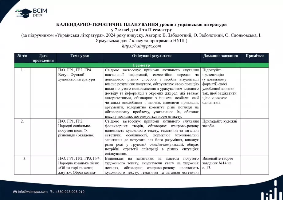 Календарно-тематичне планування. Українська література. В.Заболотний, О. Заболотний, О. Слоньовська, І. Ярмульська. 7 клас0 Календарно-тематичне планування. Українська література. В.Заболотний, О. Заболотний, О. Слоньовська, І. Ярмульська. 7 клас0