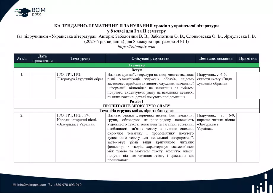 Календарно-тематичне планування. Українська література. В.Заболотний, О. Заболотний, О. Слоньовська, І. Ярмульська. 8 клас0 Календарно-тематичне планування. Українська література. В.Заболотний, О. Заболотний, О. Слоньовська, І. Ярмульська. 8 клас0