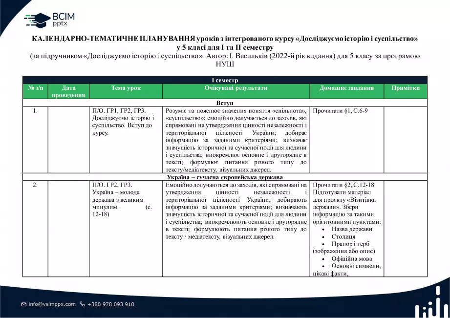 Календарно-тематичне планування. 5 клас. Досліджуємо історію і суспільство. Автори: Васильків І. Д., Басюк О. Я., Гінкул Г. С., Грисюк Л. А.0 Календарно-тематичне планування. 5 клас. Досліджуємо історію і суспільство. Автори: Васильків І. Д., Басюк О. Я., Гінкул Г. С., Грисюк Л. А.0