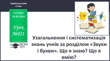 №021 - Узагальнення і систематизація знань учнів за розділом «Звуки і букви». Що я знаю? Що я вмію?