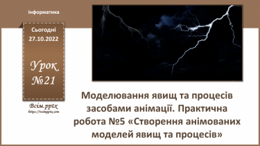 №21 - Інструктаж з БЖД. Моделювання явищ та процесів  засобами анімації. Практична робота №5 «Створення анімованих моделей явищ та процесів».