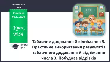 №058 - Табличне додавання й віднімання 3. Практичне використання результатів табличного додавання й віднімання числа 3. Побудова відрізків.