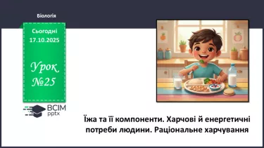 №025 - Їжа та її компоненти. Харчові й енергетичні потреби людини. Раціональне харчування. №025 - Їжа та її компоненти. Харчові й енергетичні потреби людини. Раціональне харчування.