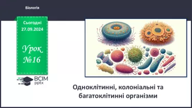 №16 - Одноклітинні, колоніальні та багатоклітинні організми.