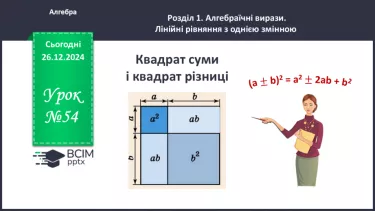 №054 - Квадрат суми та квадрат різниці двох виразів. №054 - Квадрат суми та квадрат різниці двох виразів.