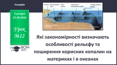 №12 - Які закономірності визначають особливості рельєфу та поширення корисних копалин на материках і в океанах.