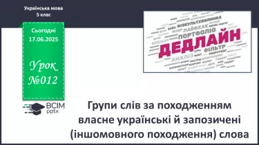 №0012 - Групи слів за походженням власне українські й запозичені (іншомовного походження) слова №0012 - Групи слів за походженням власне українські й запозичені (іншомовного походження) слова