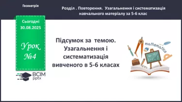 №004 - Підсумок за  темою: «Узагальнення і систематизація вивченого в 5-6 класах» №004 - Підсумок за  темою: «Узагальнення і систематизація вивченого в 5-6 класах»
