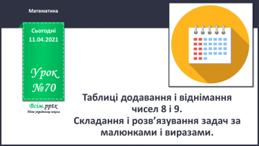 №070 - Таблиці додавання і віднімання чисел 8 і 9.Складання і розв’язування задач за малюнками і виразами.