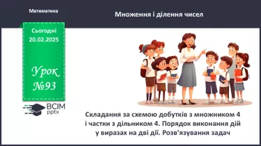 №093 - Складання за схемою добутків з множником 4 і частки з дільником 4. №093 - Складання за схемою добутків з множником 4 і частки з дільником 4.