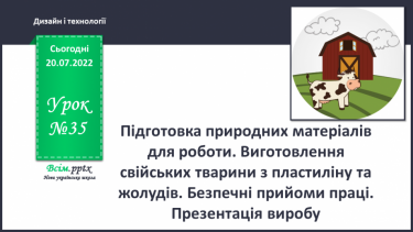 №35 - Підготовка природних матеріалів для роботи. Виготовлення свійських тварини з пластиліну та жолудів. Безпечні прийоми праці. Презентація виробу.