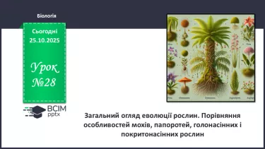 №028 - Загальний огляд еволюції рослин. Порівняння особливостей мохів, папоротей, голонасінних і покритонасінних рослин. №028 - Загальний огляд еволюції рослин. Порівняння особливостей мохів, папоротей, голонасінних і покритонасінних рослин.