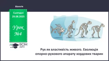 №004 - Рух як властивість живого. Еволюція опорно-рухового апарату хордових тварин. №004 - Рух як властивість живого. Еволюція опорно-рухового апарату хордових тварин.