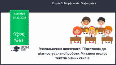 №061 - Узагальнення вивченого. Підготовка до діагностувальної роботи. Читання вголос текстів різних стилів