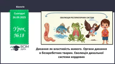 №018 - Дихання як властивість живого. Органи дихання в безхребетних тварин. Еволюція дихальної системи хордових. №018 - Дихання як властивість живого. Органи дихання в безхребетних тварин. Еволюція дихальної системи хордових.