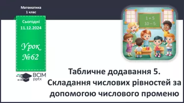 №062 - Табличне додавання 5. Складання числових рівностей за допомогою числового променя.