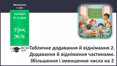 №056 - Табличне додавання й віднімання 2. Додавання й віднімання частинами. Збільшення і зменшення числа на 2.