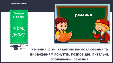 №087 - Речення, різні за метою висловлювання та вираженням почуттів. Розповідні, питальні, спонукальні речення.