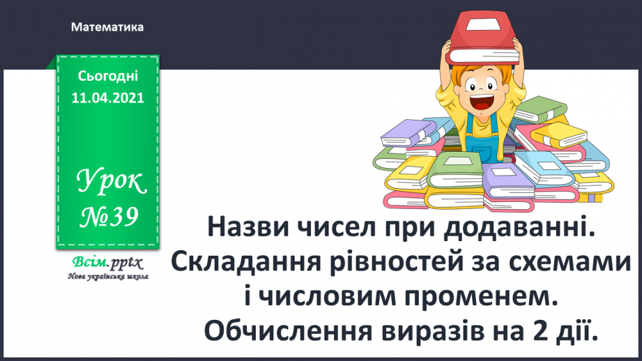 №039 - Назви чисел при додаванні. Складання рівностей за схемами і числовим променем. Обчислення виразів на 2 дії.0