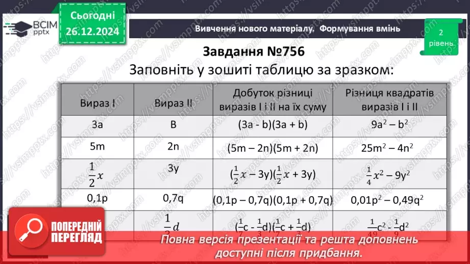 №054 - Множення різниці двох виразів на їх суму.17 №054 - Множення різниці двох виразів на їх суму.17