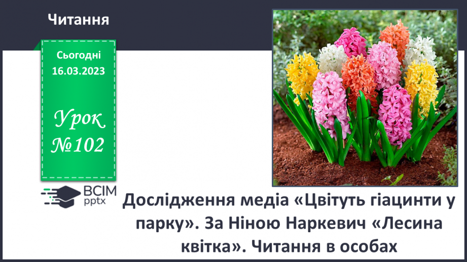 №102 - Дослідження медіа «Цвітуть гіацинти у парку». За Ніною Наркевич «Лесина квітка». Читання в особах.0