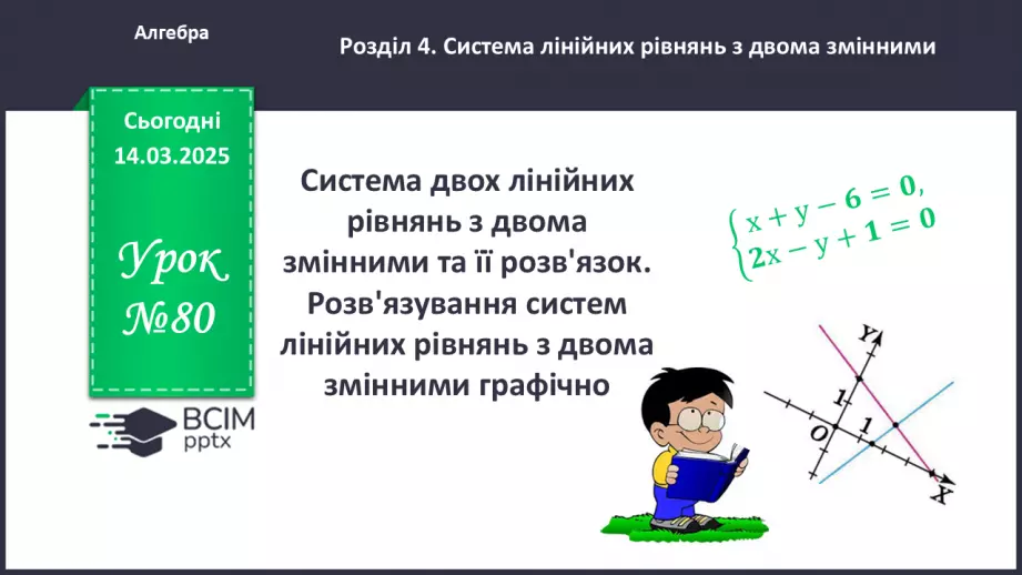 №080 - Система двох лінійних рівнянь з двома змінними та її розв’язок. Розв’язування систем лінійних рівнянь з двома змінними графічно.0 №080 - Система двох лінійних рівнянь з двома змінними та її розв’язок. Розв’язування систем лінійних рівнянь з двома змінними графічно.0