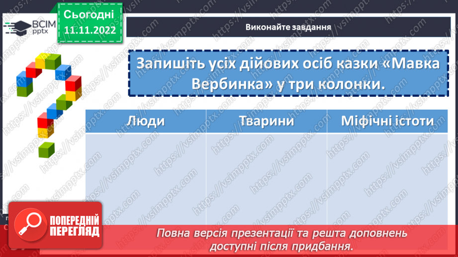 №26 - Образи фантастичних істот у казках. Дійові особи та побудова казки. Елементи сюжету.  Василь Королів-Старий «Мавка-Вербинка».19