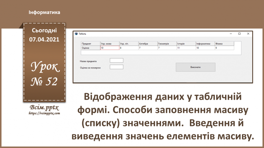 №52 - Відображення даних у табличній формі. Способи заповнення масиву (списку) значеннями.  Введення й виведення значень елементів масиву.0