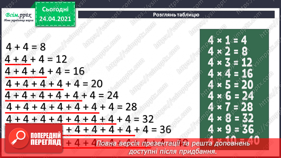 №073 - Ознайомлення з таблицею множення числа 4. Вправи і задачі на використання таблиці множення числа 4.43