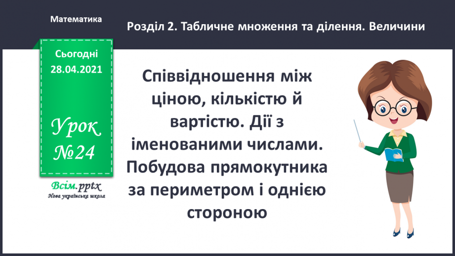 №024 - Співвідношення між ціною, кількістю й вартістю. Дії з іменованими числами. Побудова прямокутника за периметром і однією стороною.0