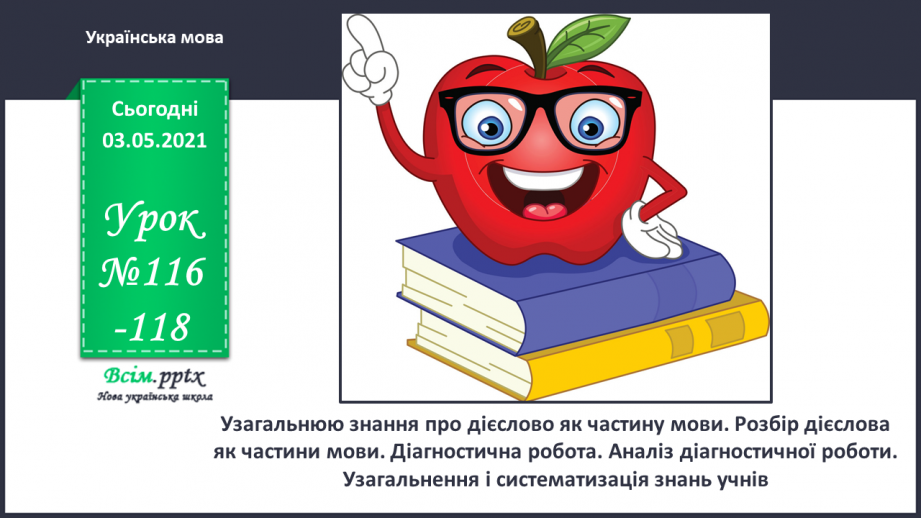 №116-118 - Узагальнюю знання про дієслово як частину мови. Розбір дієслова як частини мови. Діагностична робота.0