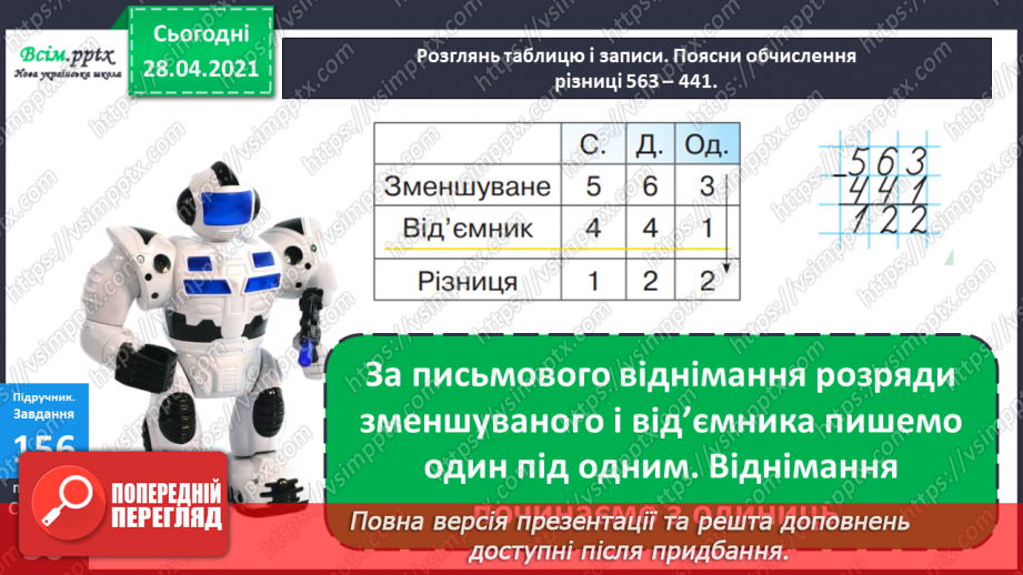 №097 - Письмове віднімання трицифрових чисел виду 563-441. Розв’язування задач.17