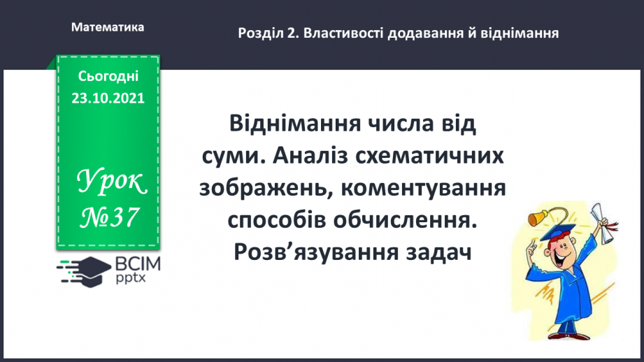 №037 - Віднімання числа від суми. Аналіз схематичних зображень, коментування способів обчислення. Розв’язування задач0