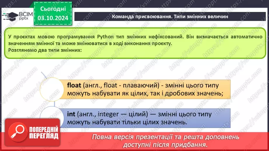 №14-16 - Мова програмування Python. Середовище створення проєктів IDLE. Команда присвоювання. Типи змінних величин.22