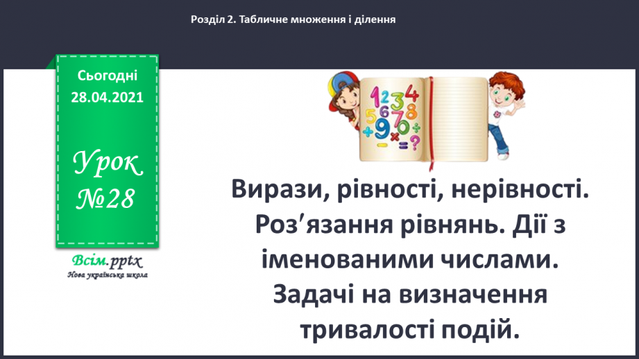 №028 - Вирази, рівності, нерівності. Розвязування рівнянь. Дії з іменованими числами. Задачі на визначення тривалості подій.0