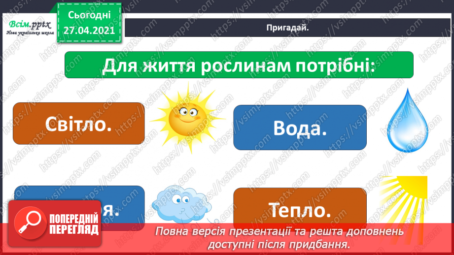 №011 - 012 - Якими бувають рослини? Як розрізняють рослини? Проводимо дослідження. Які умови потрібні рослинам для життя?4