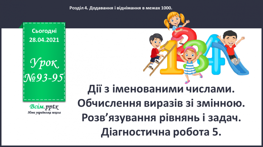 №093-95 - Дії з іменованими числами. Обчислення виразів зі змінною. Розв’язування рівнянь і задач. Діагностична робота 5.0