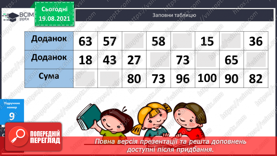 №001 - Повторення нумерації чисел у межах 1000, додавання і віднімання в межах 100. Розв’язування задач.(22