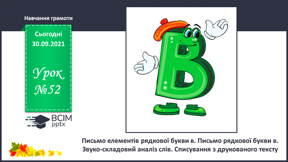 №052 - Письмо елементів рядкової букви в. Письмо рядкової букви в. Звуко-складовий аналіз слів. Списування з друкованого тексту.0