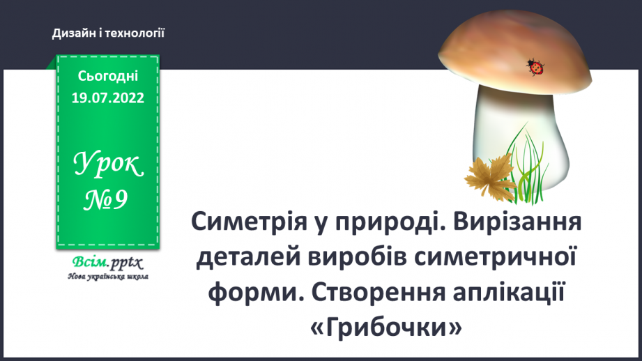 №09 - Симетрія у природі. Вирізання деталей виробів симетричної форми. Створення аплікації «Грибочки».0