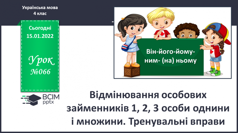 №066 - Відмінювання особових займенників 1 , 2, 3 особи однини і множини. Тренувальні вправи0