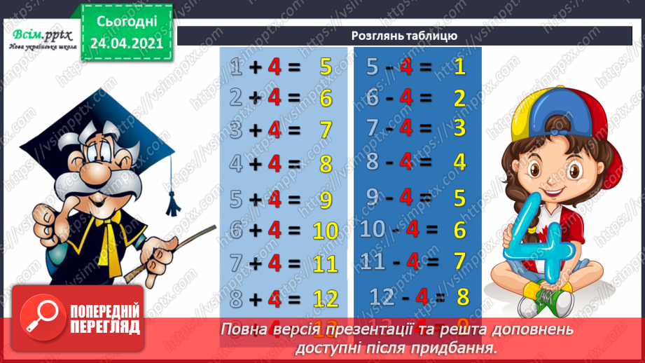 №012 - Таблиці додавання і віднімання числа 4. Задачі на зменшення числа на кілька одиниць. Порівняння виразів. Вимірювання довжини ламаної.16