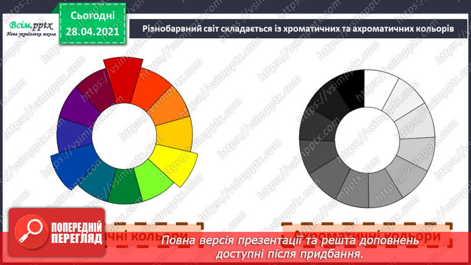 №02 - Різнобарвний світ. Ознайомлення із кольорами веселки та їх послідовністю. Хроматичні і ахроматичні кольори. Зображення веселки (акварель).17