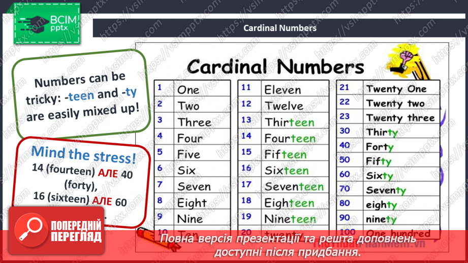 №009 - School Timetable. Cardinal Numbers. Ordinal Numbers.5