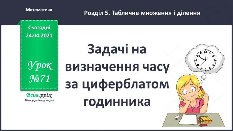 №071 - Задачі на визначення часу за циферблатом годинника. Вправи на використання таблиць множення числа 3 і ділення на 3.0