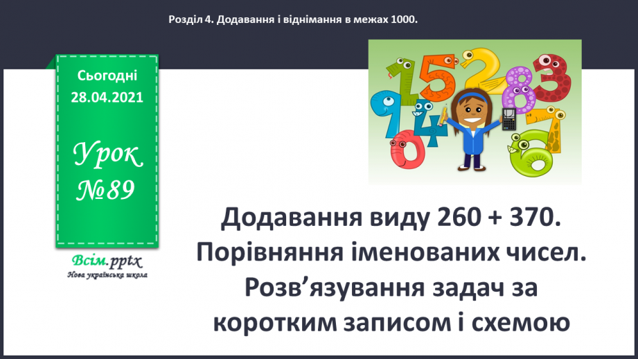 №089 - Додавання виду 260 + 370. Порівняння іменованих чисел. Розв’язування задач за коротким записом і схемою.0