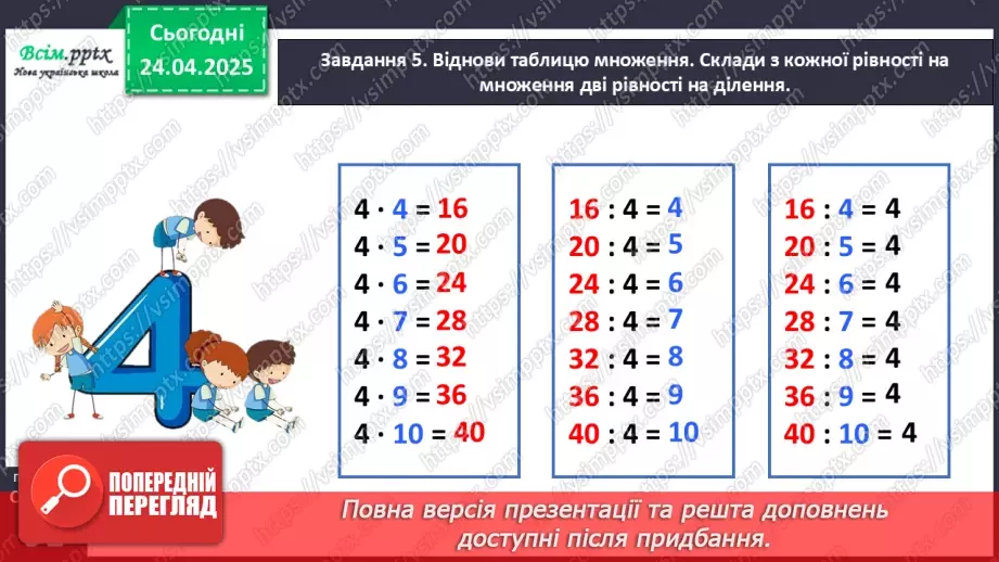 №128 - Досліджуємо таблицю множення числа 4; таблицю ділення на 419 №128 - Досліджуємо таблицю множення числа 4; таблицю ділення на 419