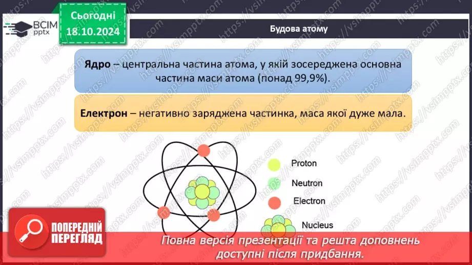 №009 - Аналіз діагностувальної роботи. Робота над виправленням та попередженням помилок.  Первинні відомості про будову атома: ядро та електрони.12