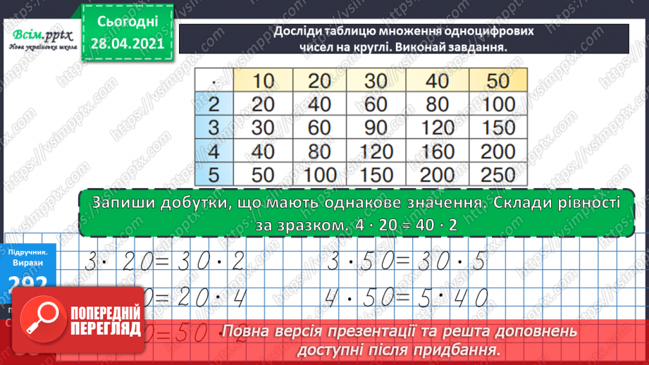 №112 - Множення круглих чисел. Множення виду 2 • 50. Розв’язування задач із зайвими даними.21