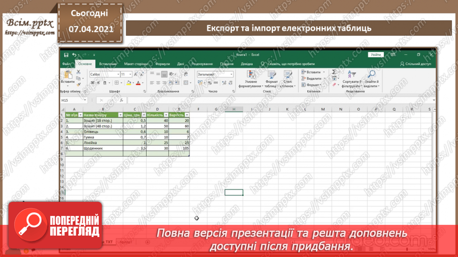 №32 - Експорт та імпорт електронних таблиць.  Підсумковий урок із теми «Опрацювання табличних даних».9